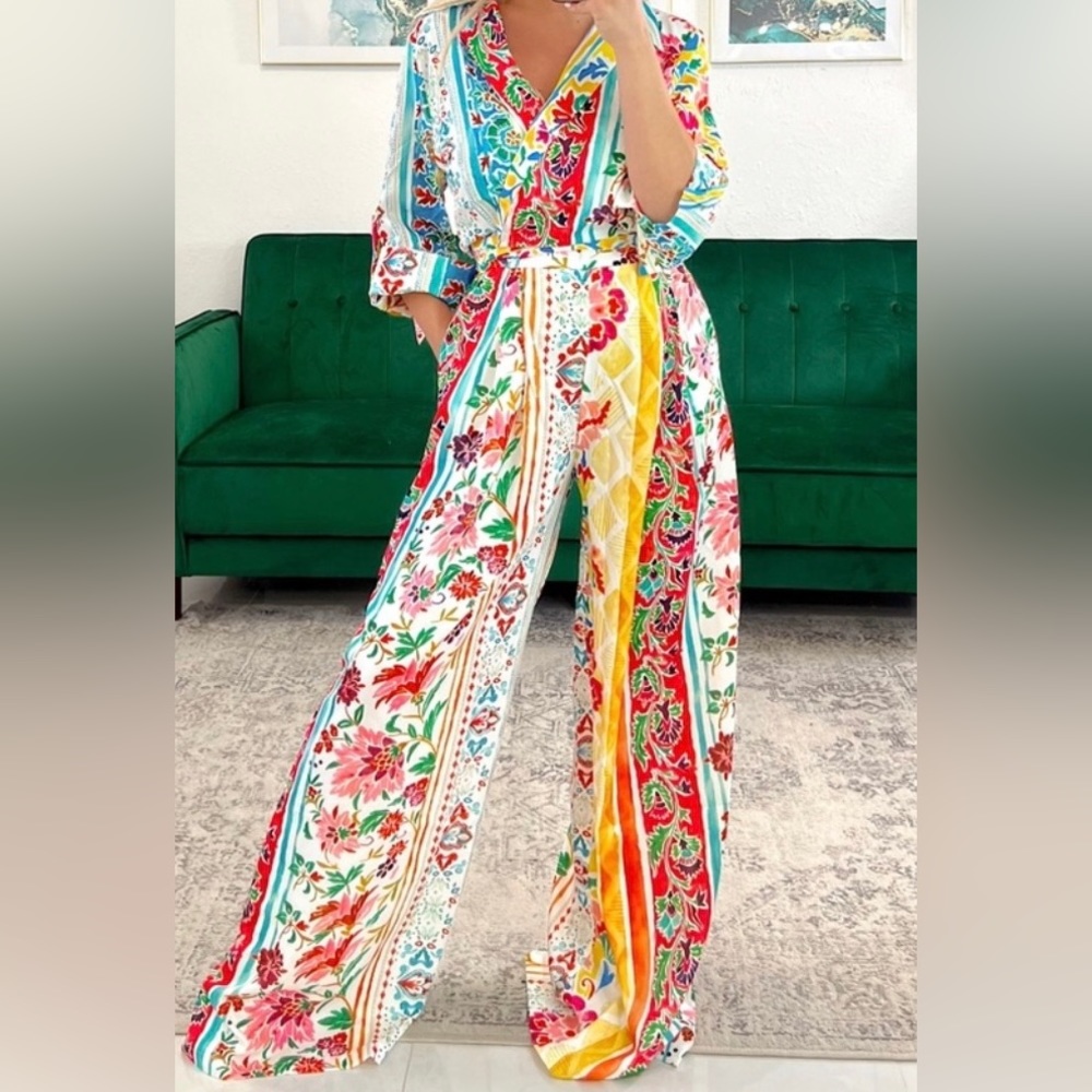 NEW FLOWERED SET 2 PIECE COORD SET TIE BACK TEE AND WIDE LEG PANTS